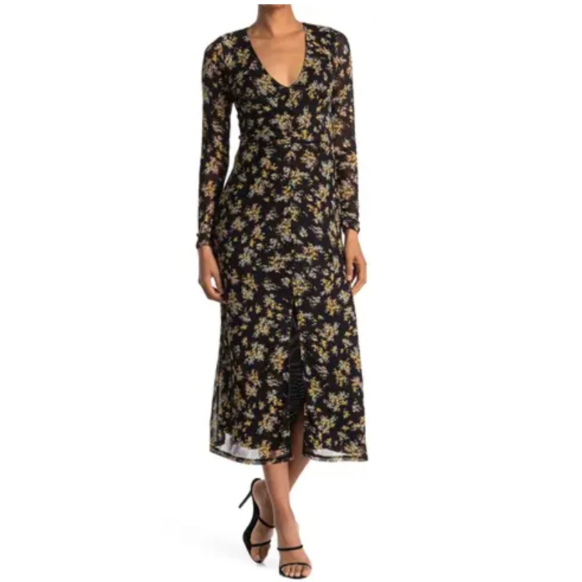 Afrm Tezza Black & Yellow Floral Ruched Mesh Midi Long Sleeves Dress Womens Xs